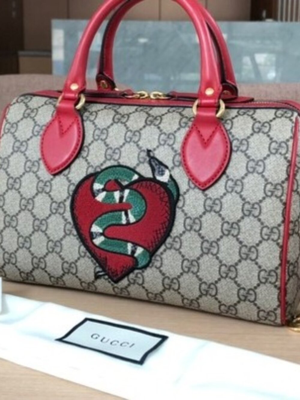Gucci GG Supreme Snake Heart Boston Bag w/ Strap – Red Trim